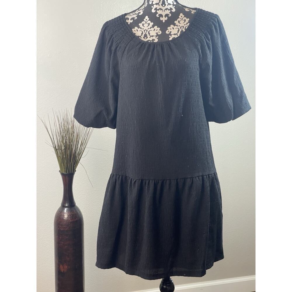 Steve Madden Black Abrah Textured A-Line Dress Size Large Puffed Sleeves - Picture 1 of 8